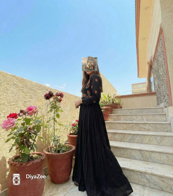 Black Embroidered Cotton Frock