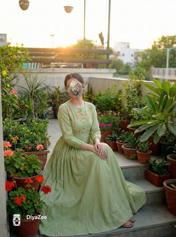 Pistachio Colored Embroidered Cotton Frock