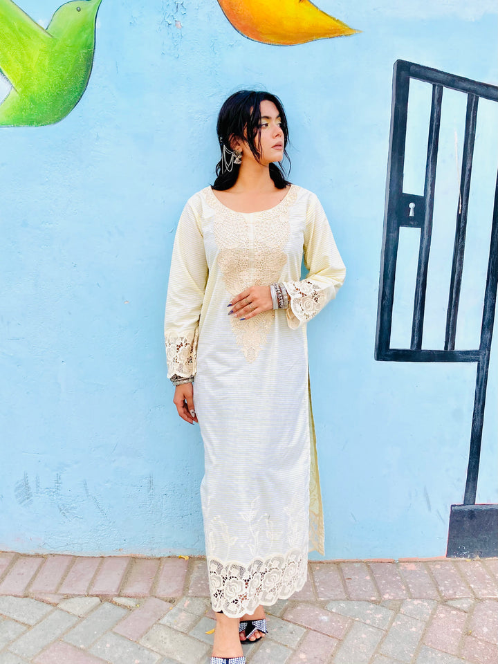 Cream Embroidered Single Piece Kurta