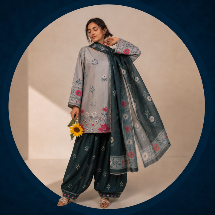 Grey & Zinc Floral Embroidered Cotton 3-Piece Suit | Eid & Formal Wear