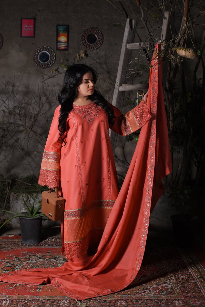 Peach Embroidered Doriya Cotton Three-Piece Suit