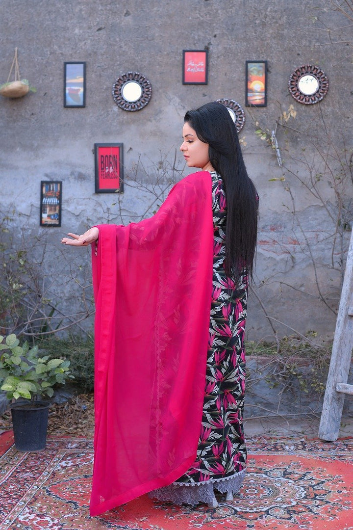 Black & Pink Tropical Print Everyday Lilan Lawn Trouser Suit