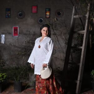 White Chikankari Short Shirt & Printed Palazzo Suit