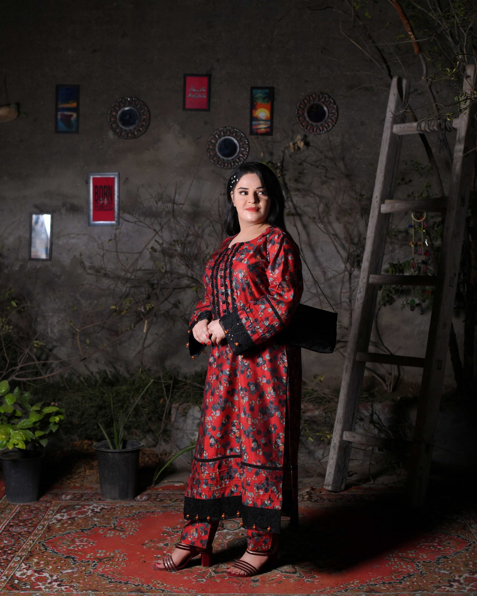 Deep Red Floral Print Everyday Khadi Trouser Suit - Image 4