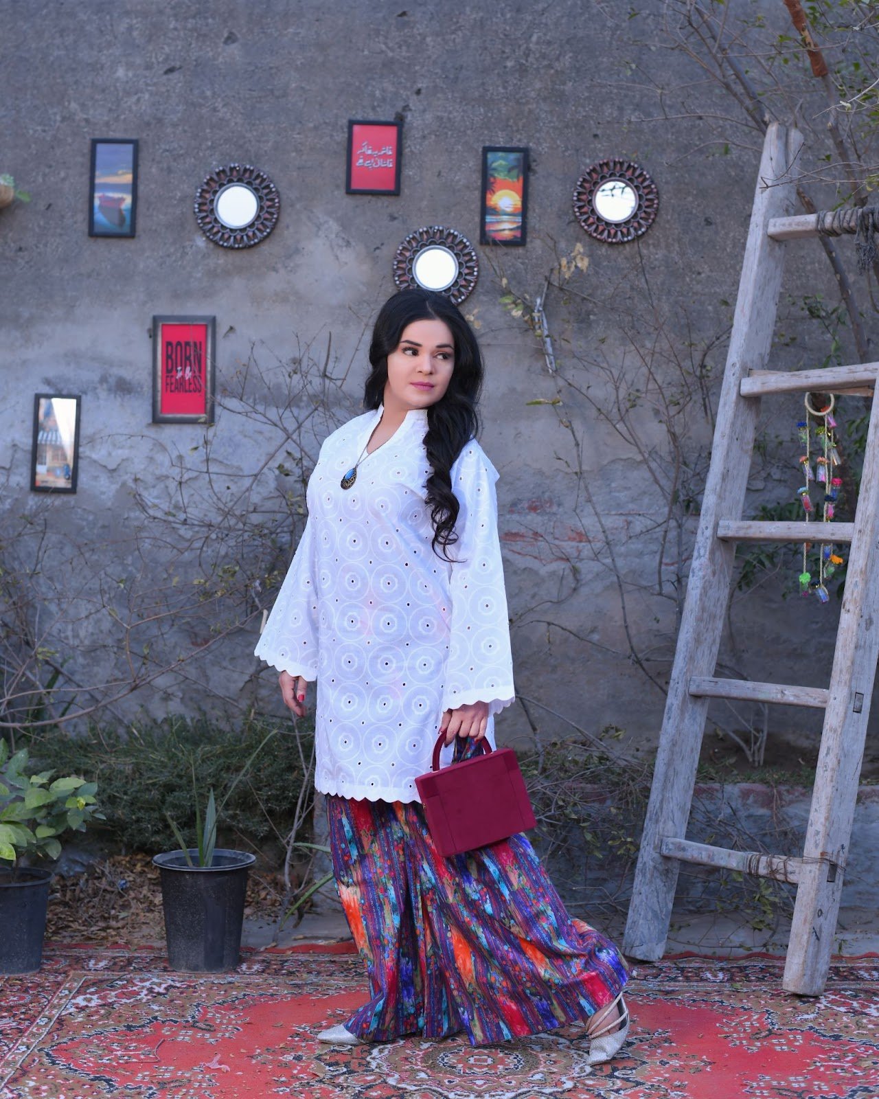 White Chikankari Short Shirt & Printed Palazzo Suit - Image 2