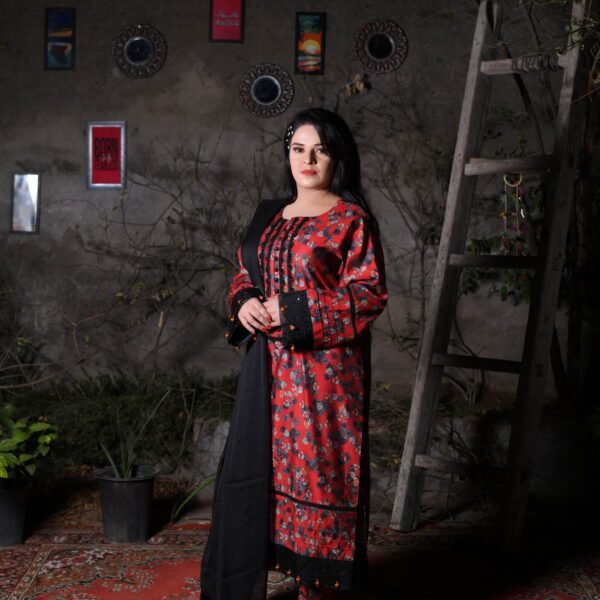 Deep Red Floral Print Everyday Khadi Trouser Suit