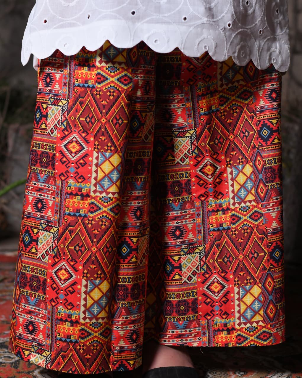 White Chikankari Short Shirt & Printed Palazzo Suit - Image 2