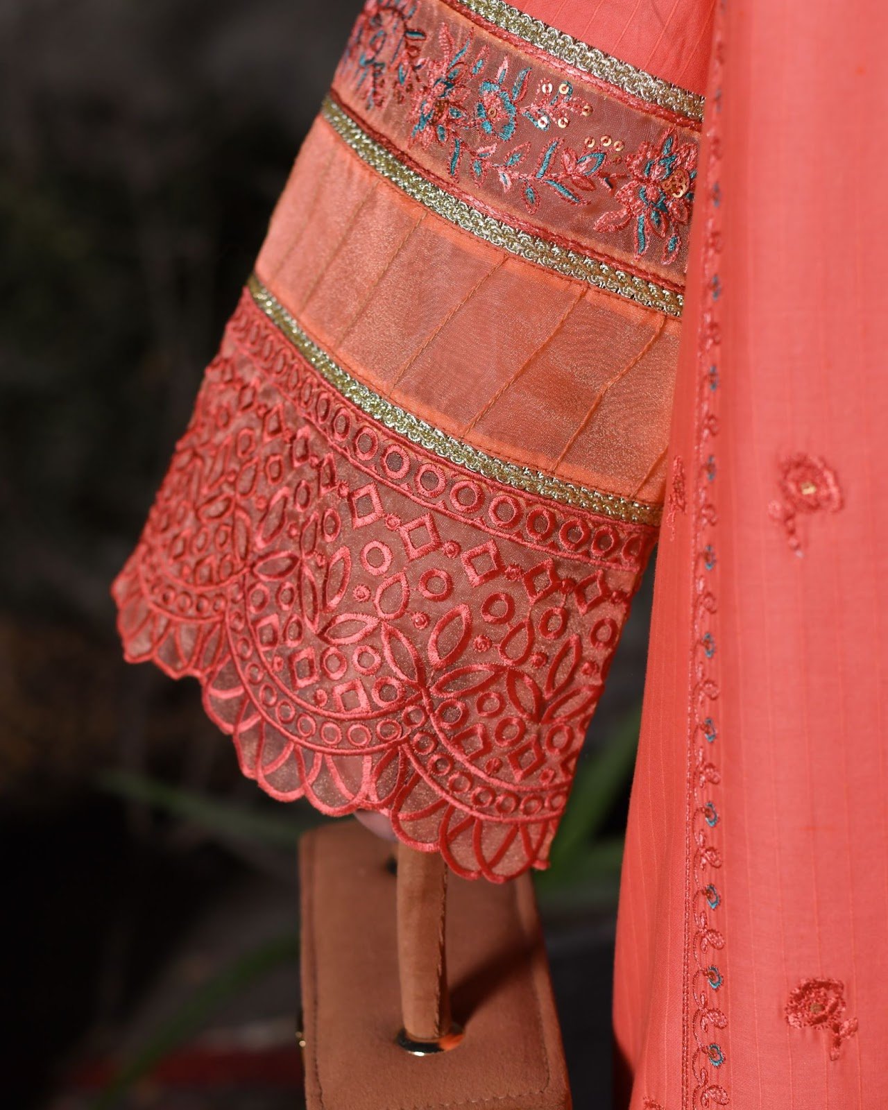 Peach Embroidered Doriya Cotton Three-Piece Suit - Image 3