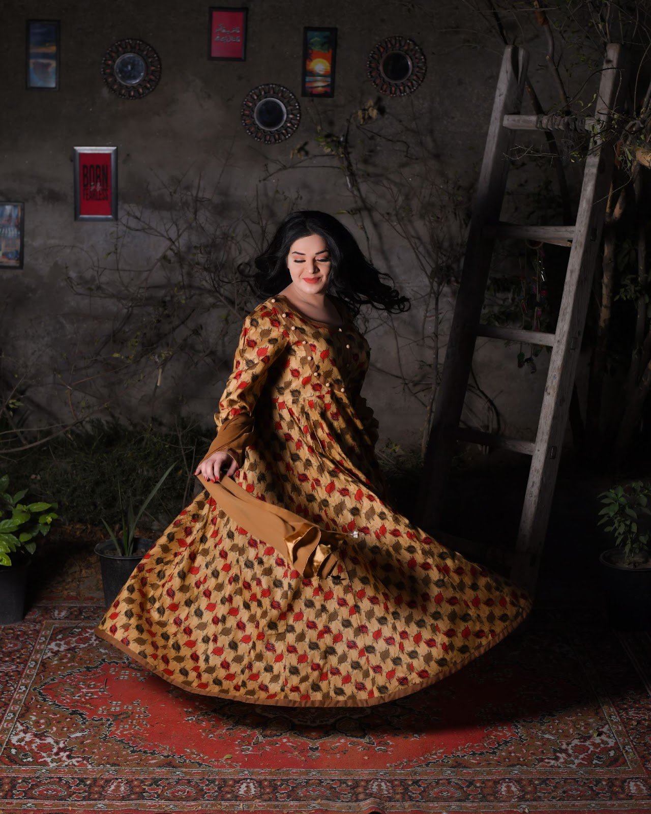 Beige/Tan Floral Everyday wear long frock - Image 5