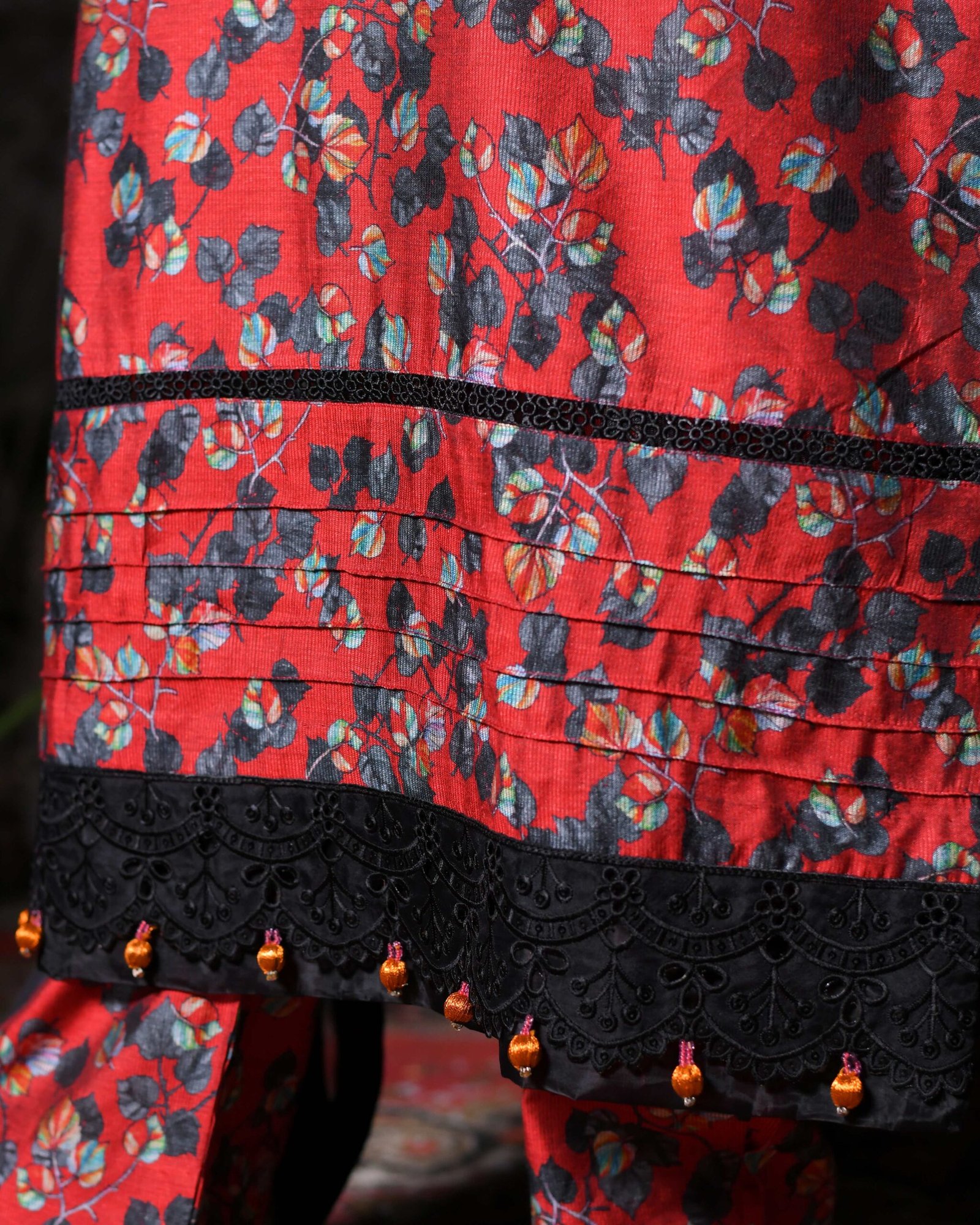Deep Red Floral Print Everyday Khadi Trouser Suit - Image 3