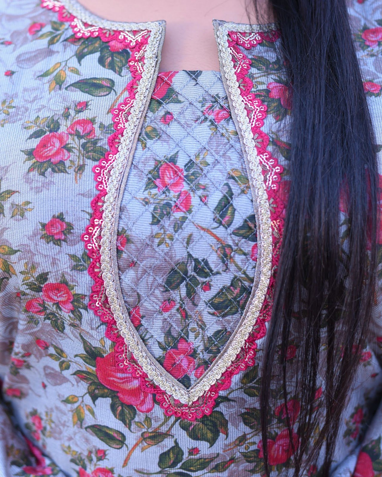 Vintage Rose Print Everyday Khadi Tulip Shalwar Suit - Image 3