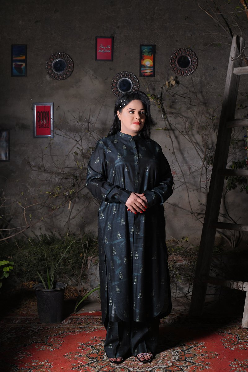 Geometric Print Greenish-Black Everyday Khadi Suit