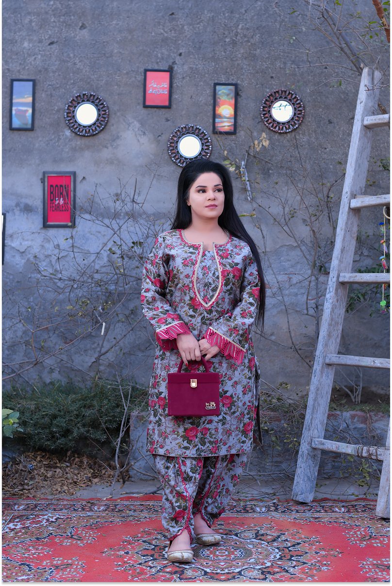 Vintage Rose Print Everyday Khadi Tulip Shalwar Suit