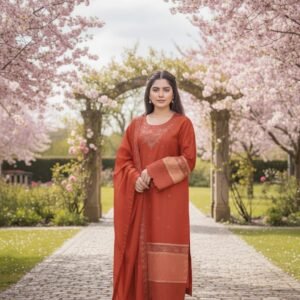 Reddish Orange Embroidered Doriya Cotton Three-Piece Suit