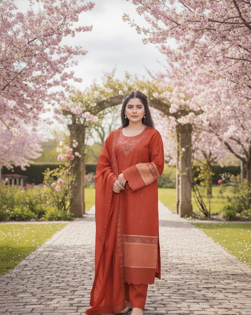 Reddish Orange Embroidered Doriya Cotton Three-Piece Suit