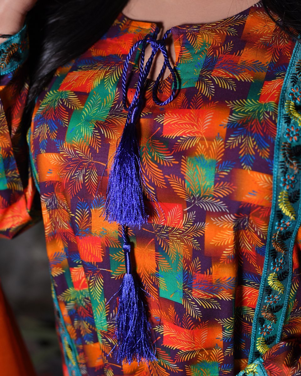 Multicolor Leaf and Block Print Everyday Wear Long A-line/Straight Dress - Image 3