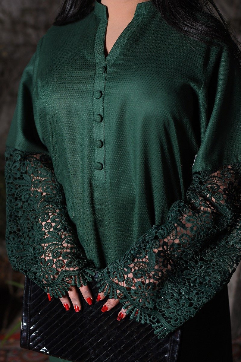 Emerald Green Lace Sleeve Winter Cotton Suit - Image 3