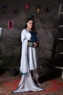 Elegant White Silk Suit with Designer Patches