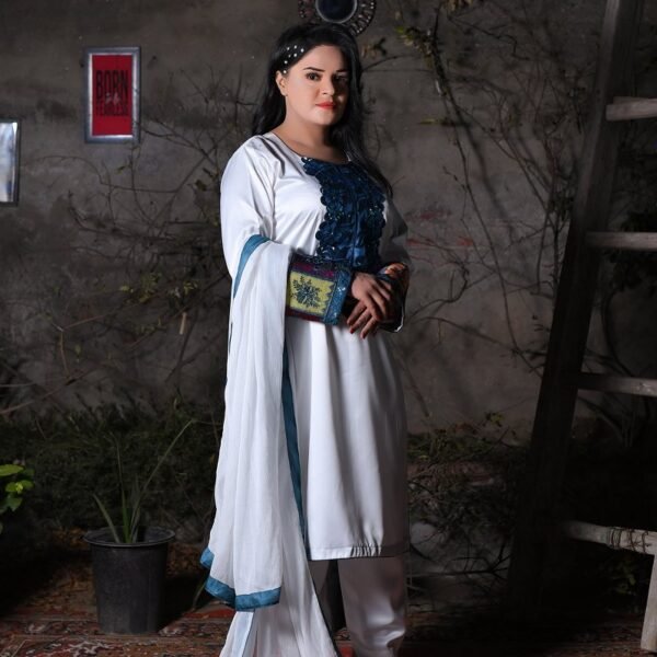 Elegant White Silk Suit with Designer Patches