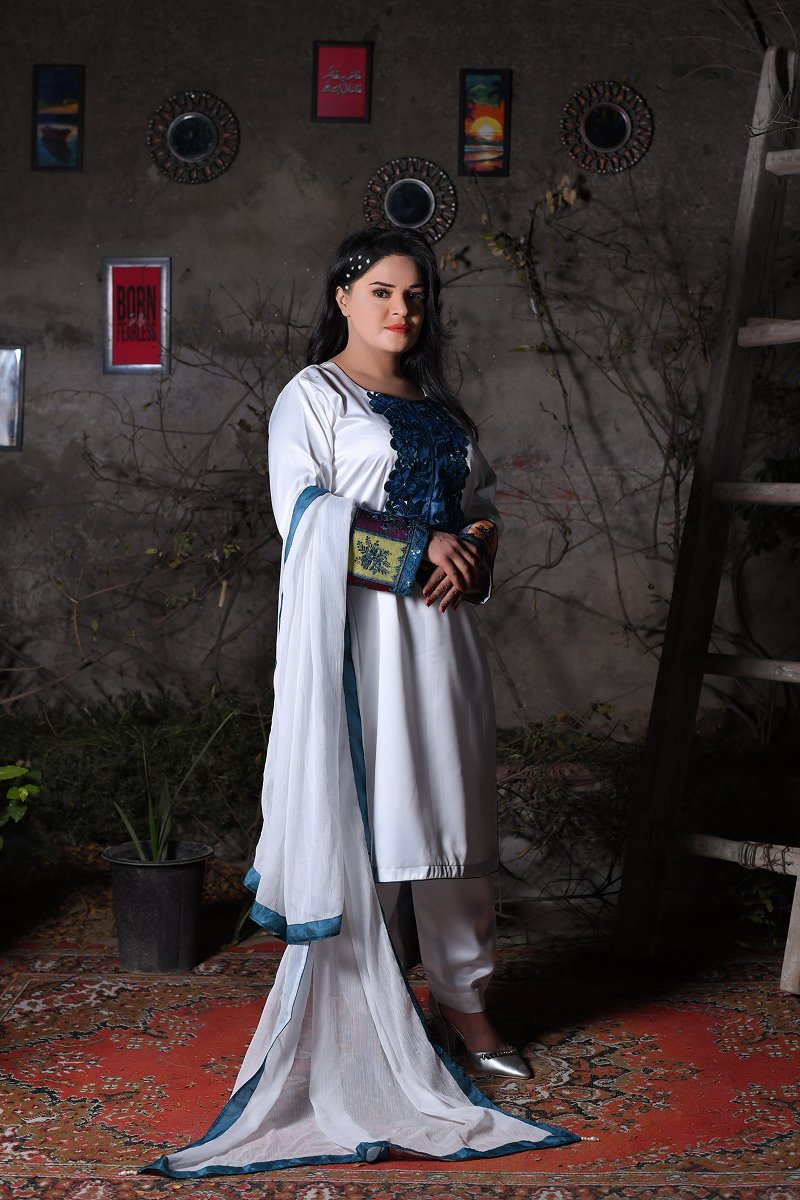 Elegant White Silk Suit with Designer Patches