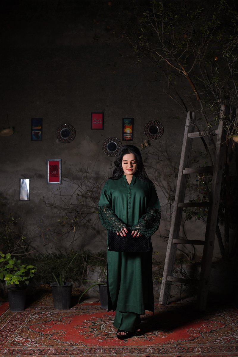 Emerald Green Lace Sleeve Winter Cotton Suit