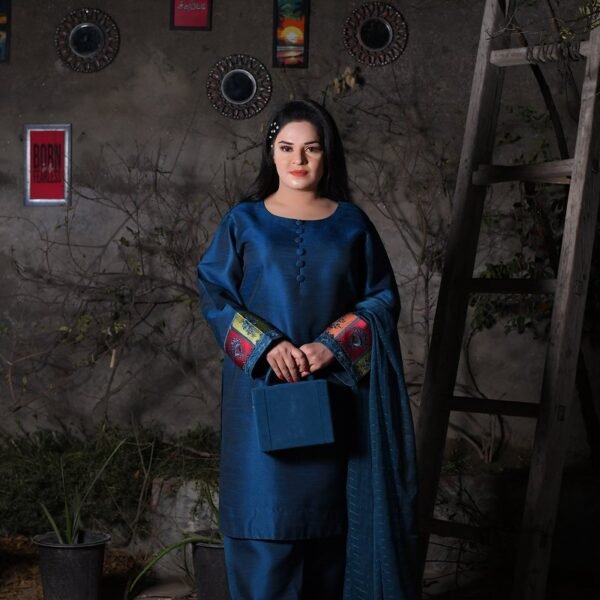 Elegant Teal Silk Suit with Designer Patches