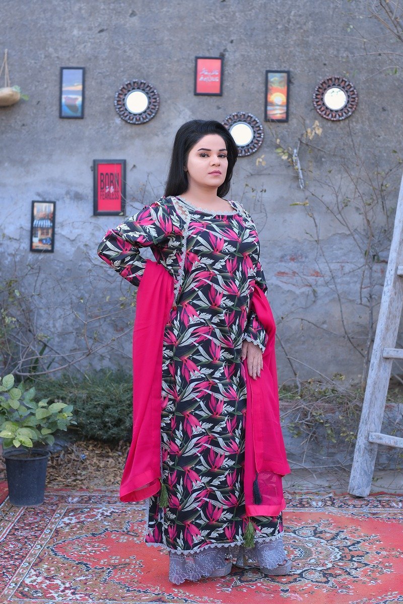 Black & Pink Tropical Print Everyday Lilan Lawn Trouser Suit