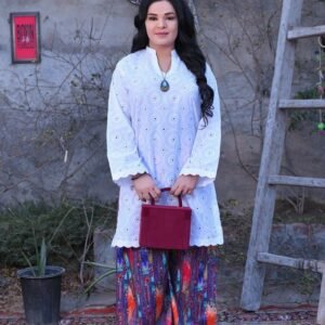 White Chikankari Short Shirt & Printed Palazzo Suit