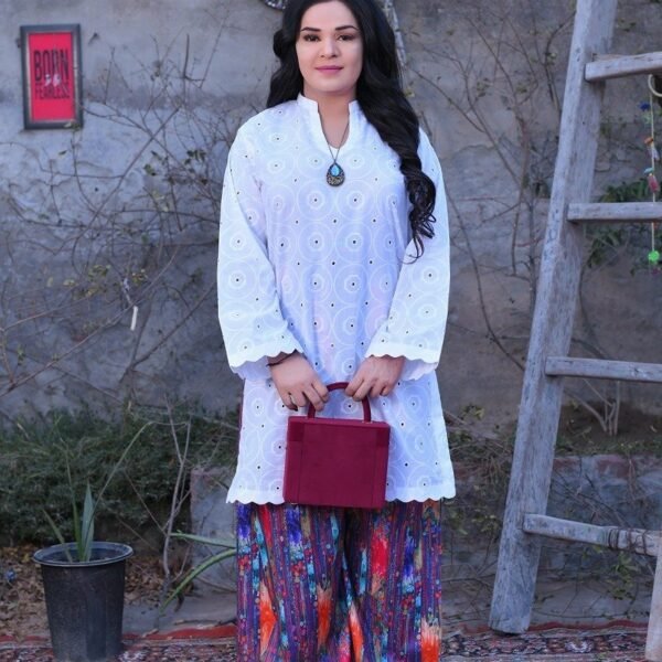 White Chikankari Short Shirt & Printed Palazzo Suit