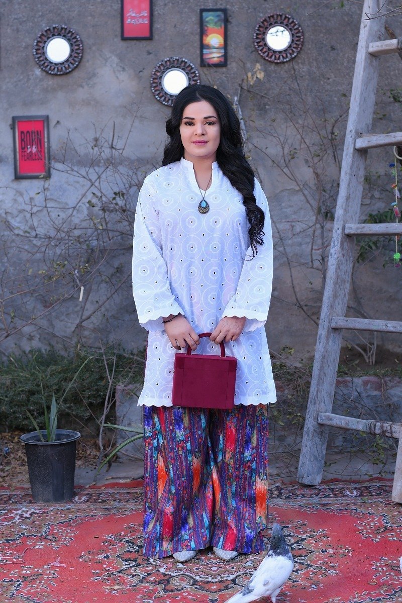White Chikankari Short Shirt & Printed Palazzo Suit