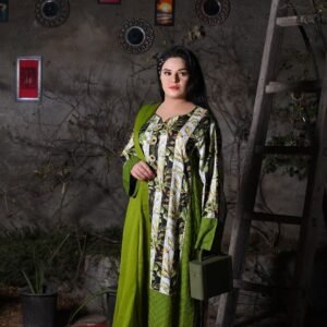 Leaf Print Olive Green & White Everyday Lawn Trouser Suit