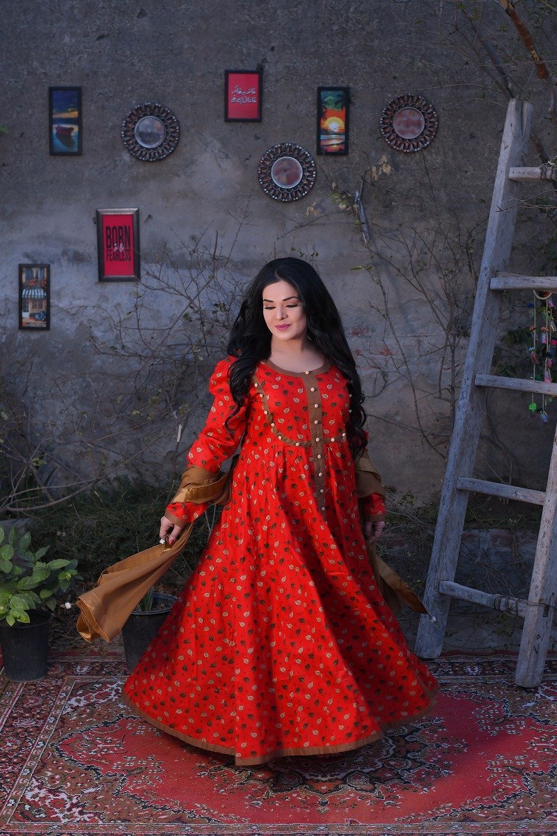 Red Floral Everyday wear long frock