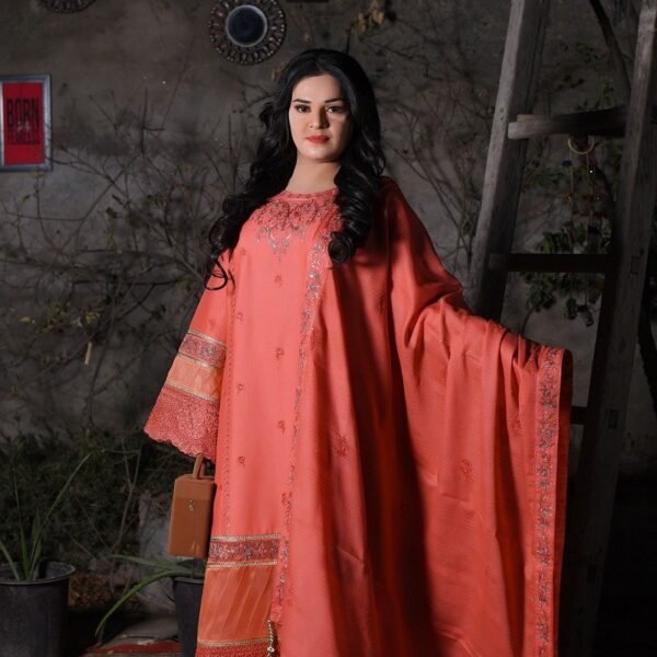 Peach Embroidered Doriya Cotton Three-Piece Suit