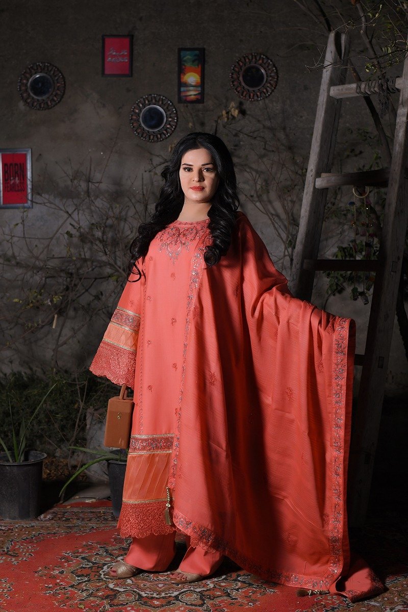 Peach Embroidered Doriya Cotton Three-Piece Suit