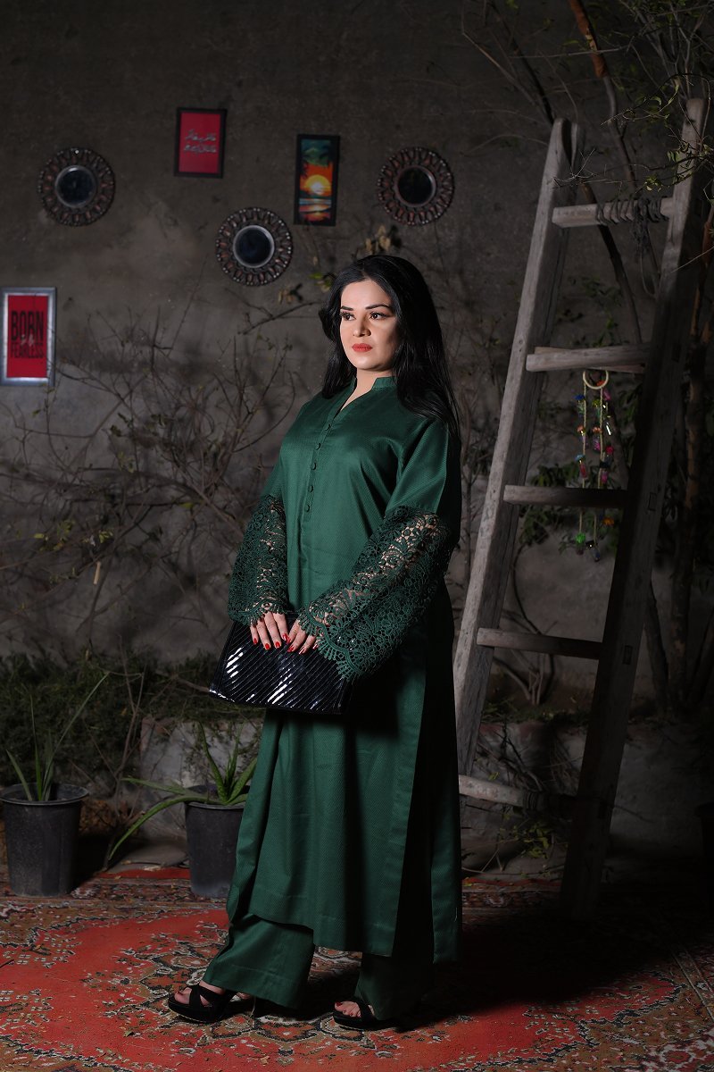 Emerald Green Lace Sleeve Winter Cotton Suit - Image 2