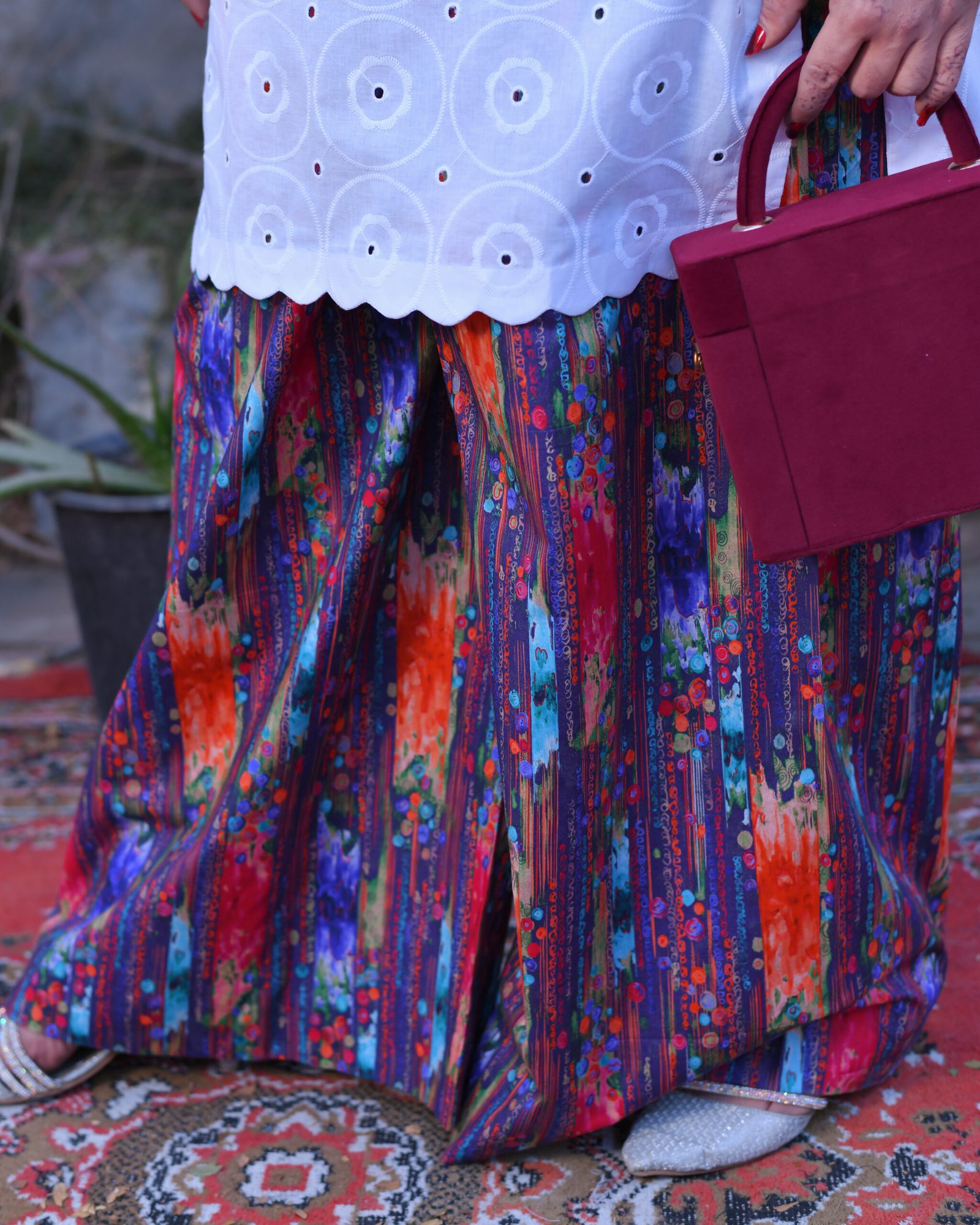 White Chikankari Short Shirt & Printed Palazzo Suit - Image 5