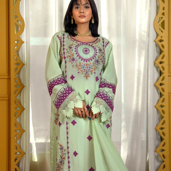 Mint Green Embroidered Viscose Suit