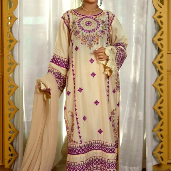 Beige Embroidered Viscose Suit