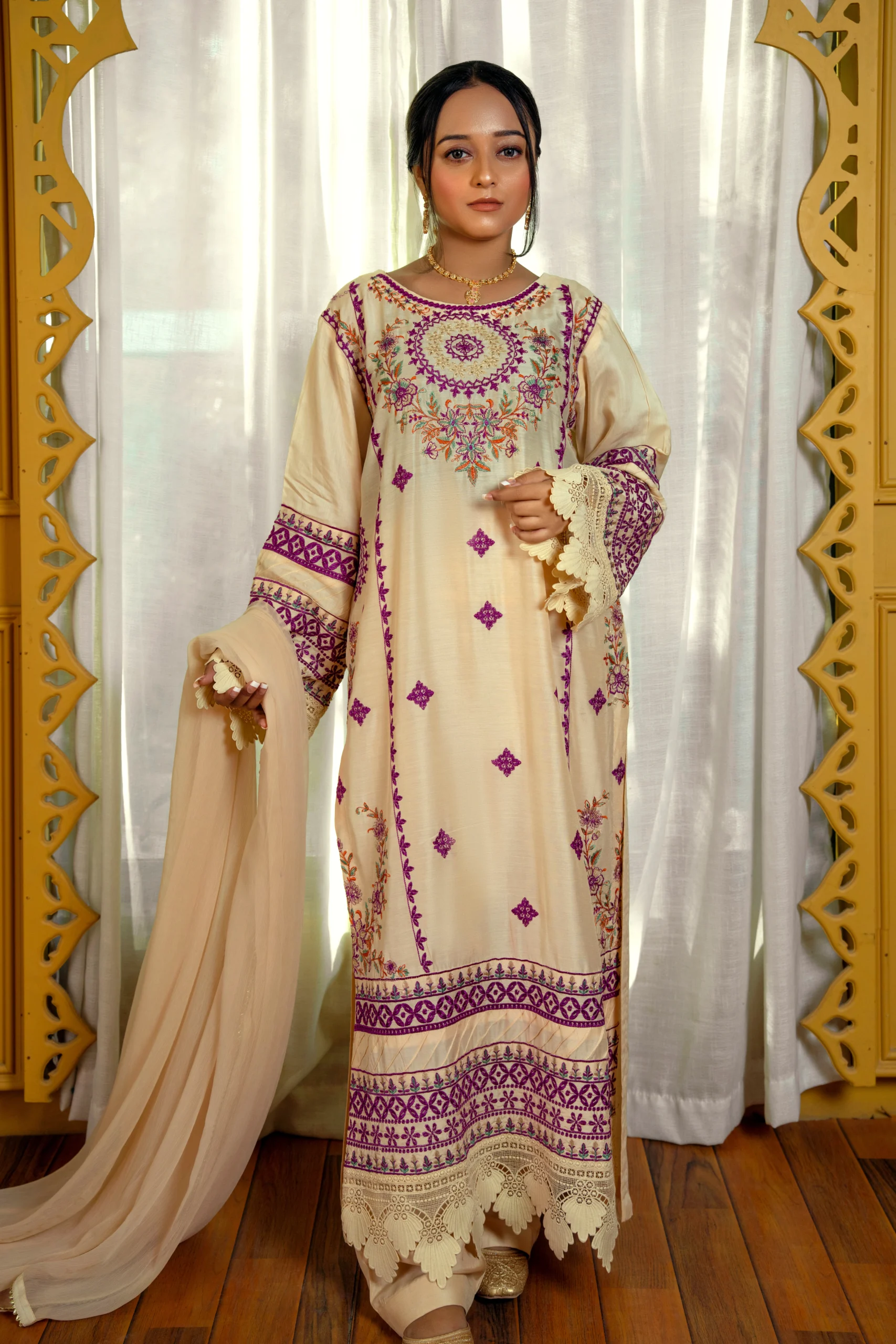 Beige Embroidered Viscose Suit
