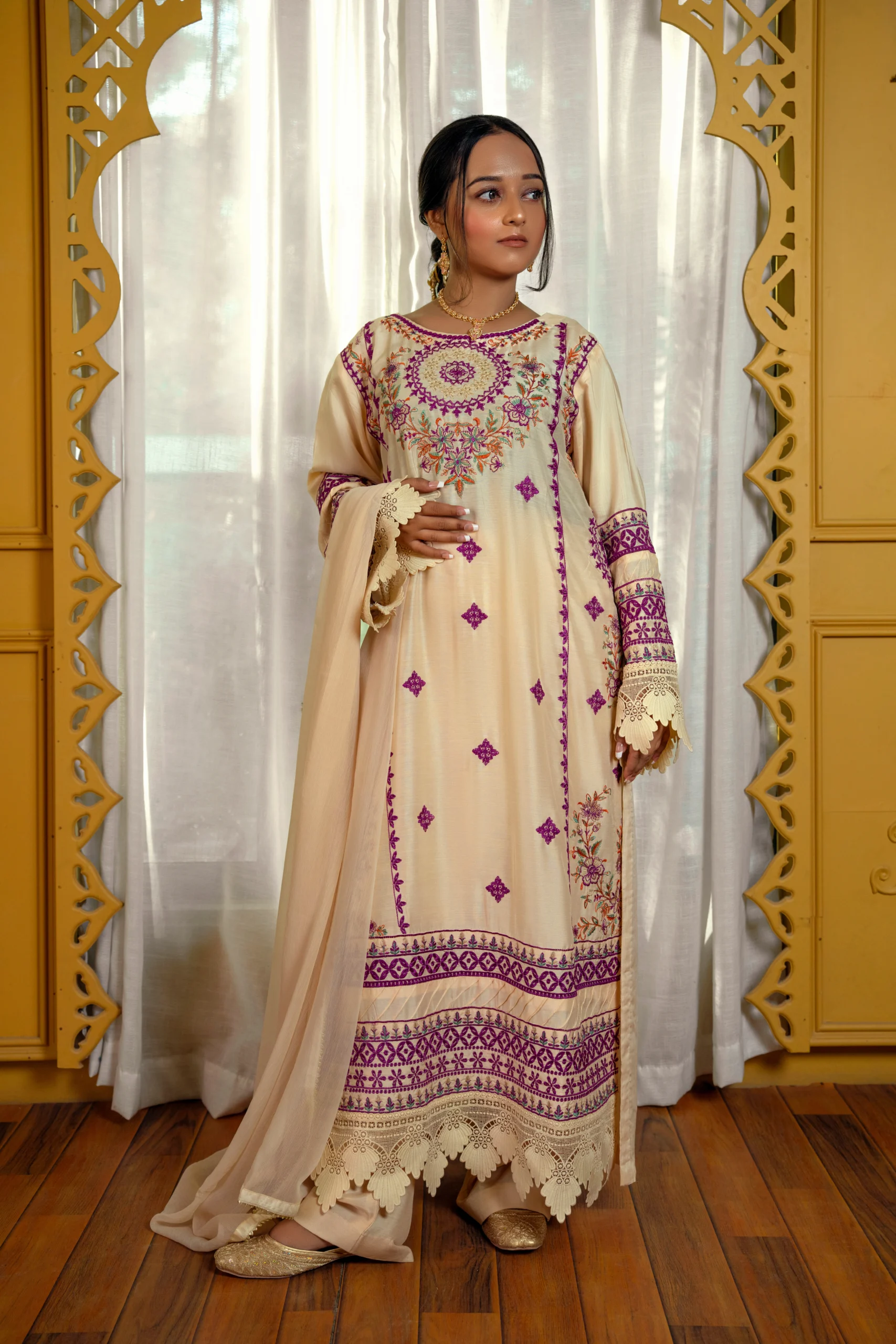 Beige Embroidered Viscose Suit - Image 2