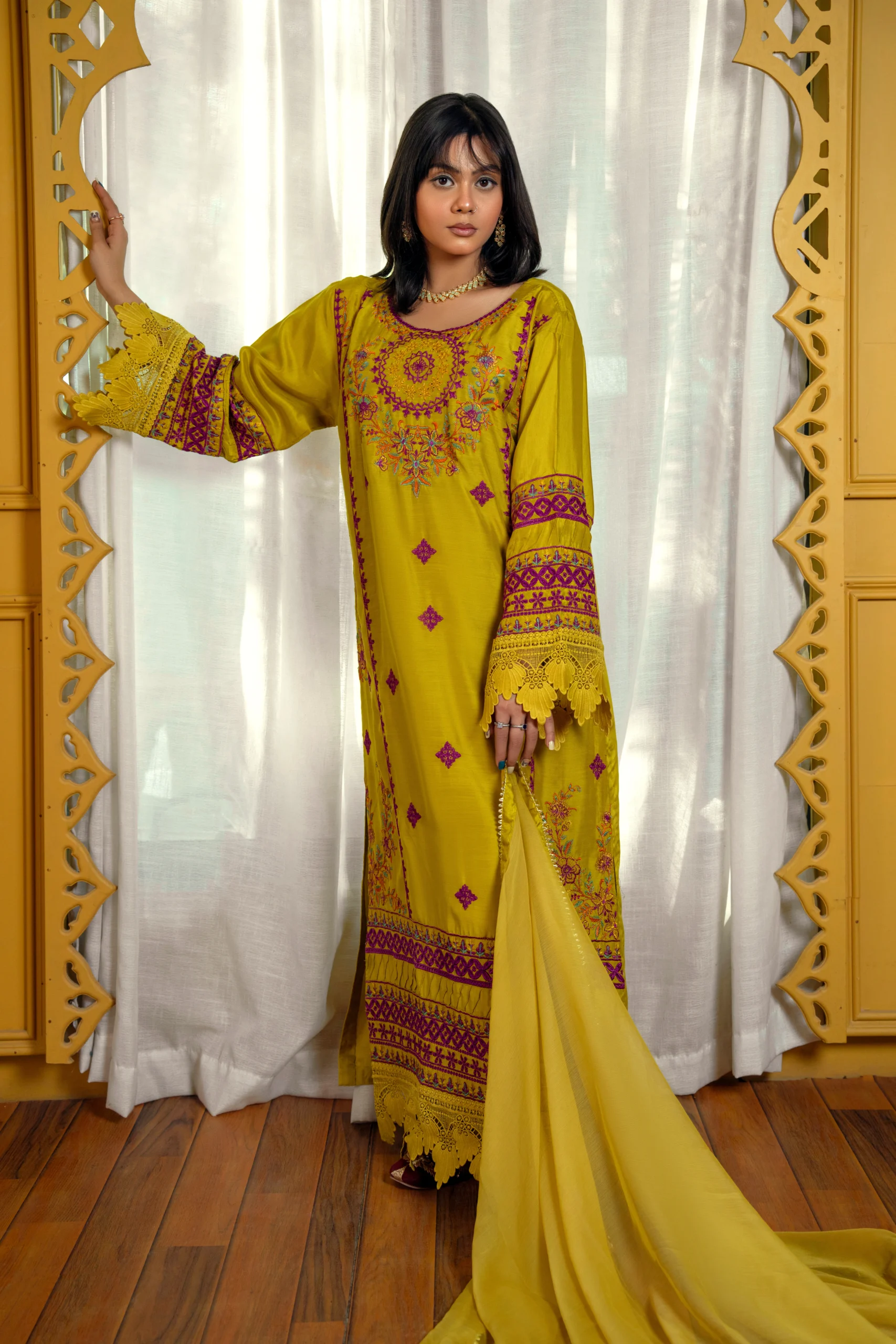 Mustard Yellow Embroidered Viscose Suit - Image 3