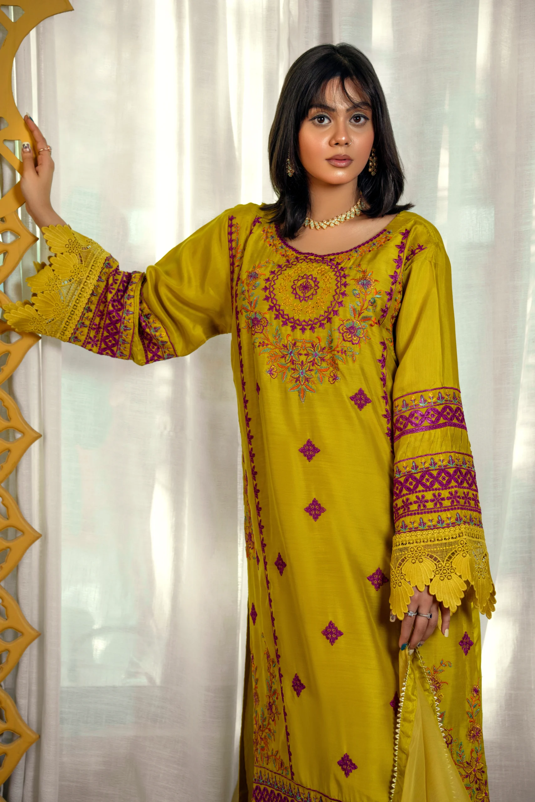 Mustard Yellow Embroidered Viscose Suit - Image 2