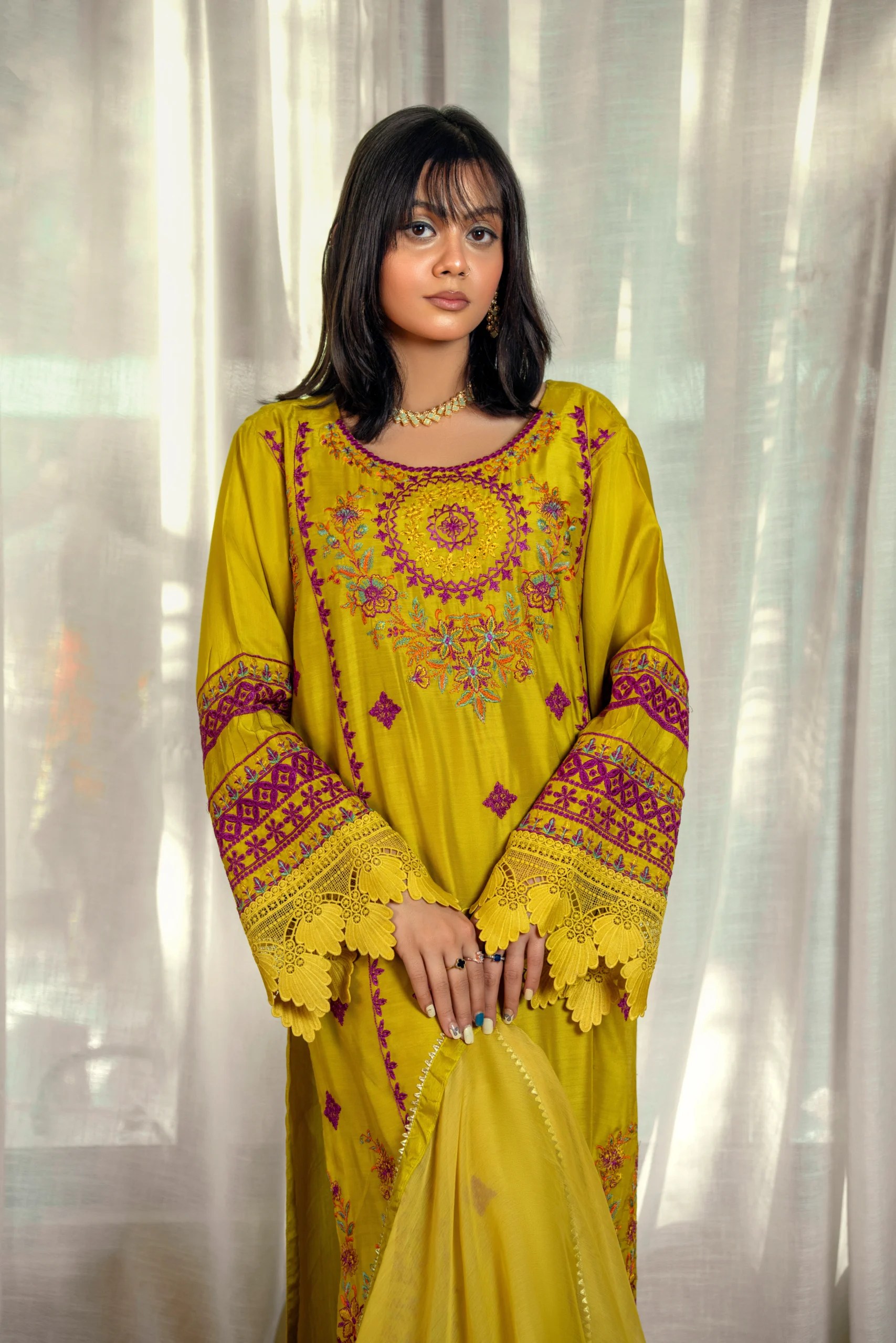 Mustard Yellow Embroidered Viscose Suit