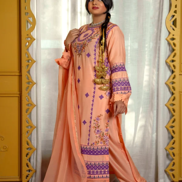 Peach Embroidered Viscose Suit