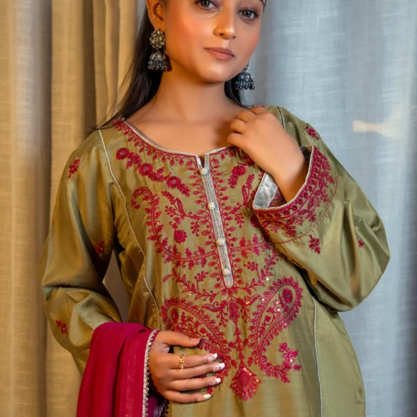 Light Olive Green Embroidered Viscose Suit