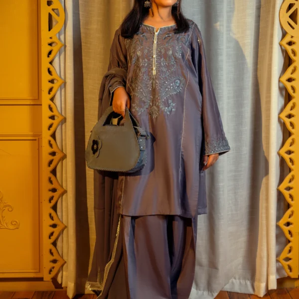 Charcoal Grey Embroidered Viscose Suit