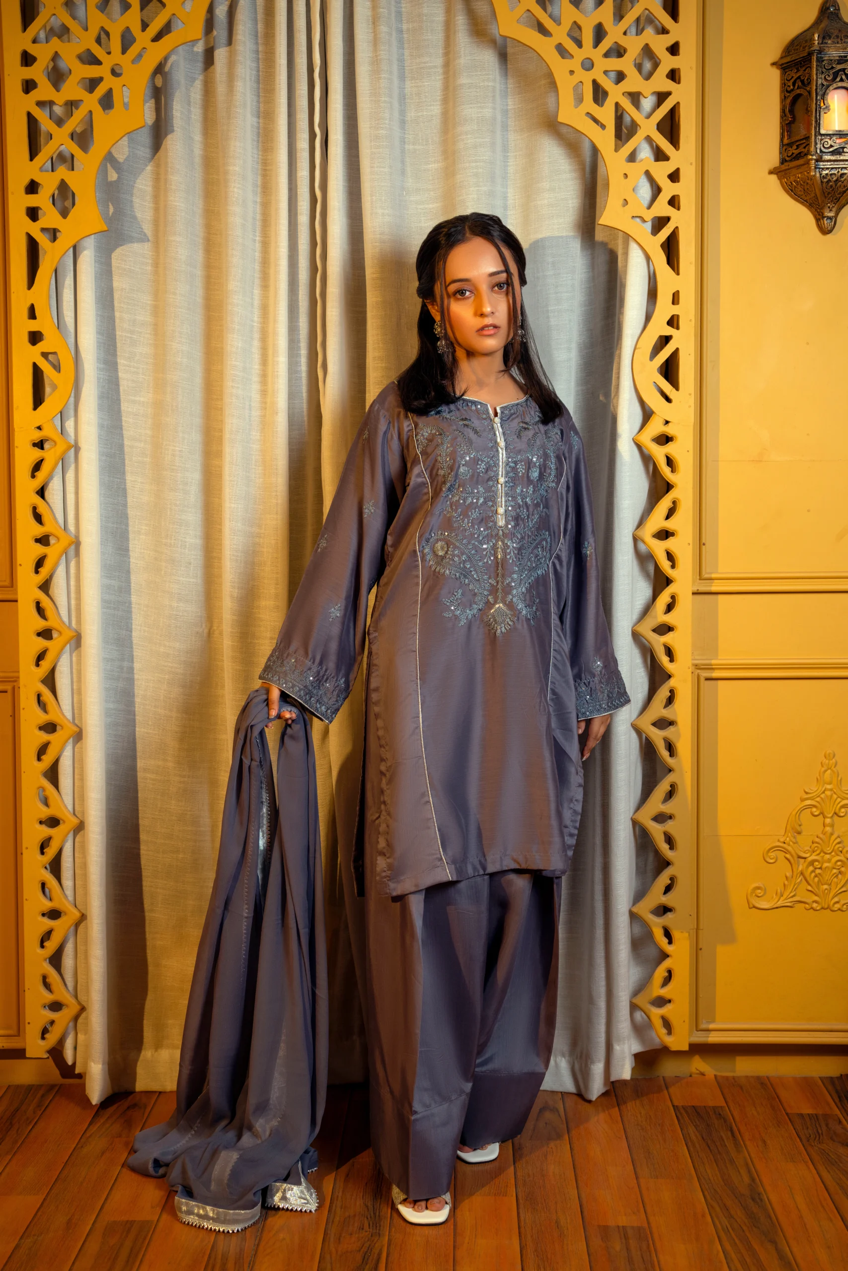 Charcoal Grey Embroidered Viscose Suit - Image 2