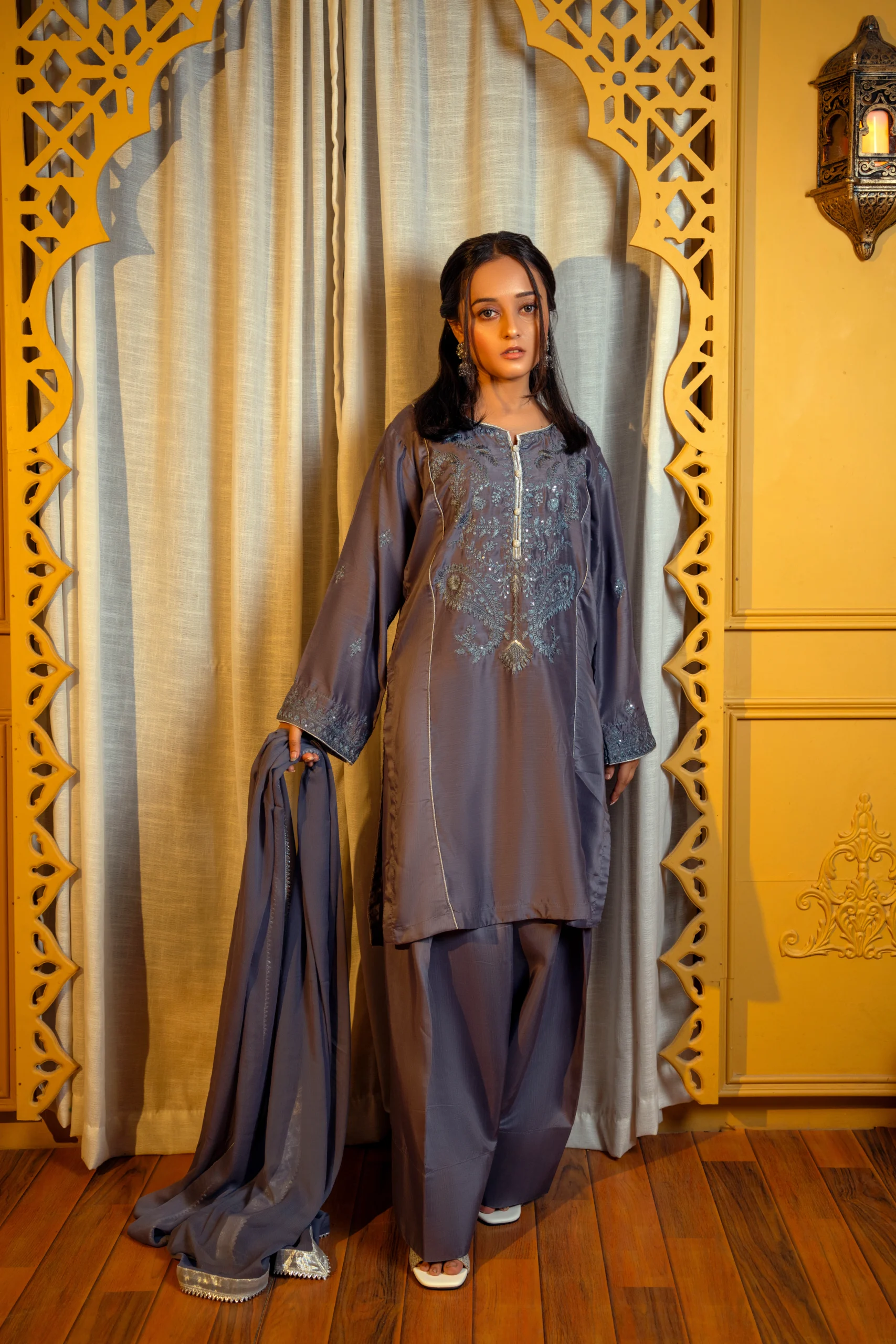 Charcoal Grey Embroidered Viscose Suit - Image 3