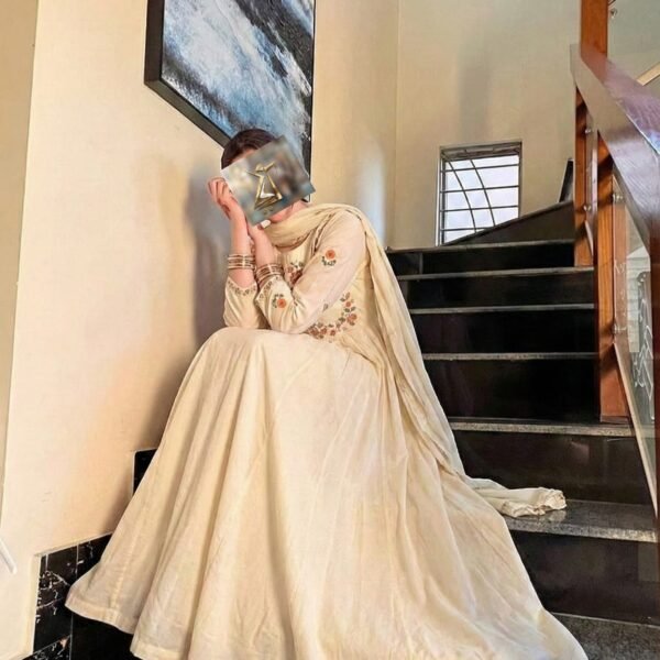 Cream Embroidered Cotton Frock