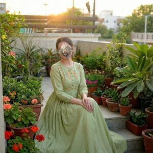 Pistachio Colored Embroidered Cotton Frock